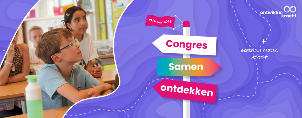 Bannerafbeelding met de titel en locatie van het congres 'Samen ontdekken' en een foto van een leerling.