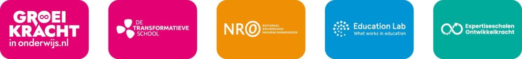Alle logo's van de partijen binnen Ontwikkelkracht naast elkaar (Groeikracht, De Transformatieve School, NRO, Education Lab, Expertisescholen)