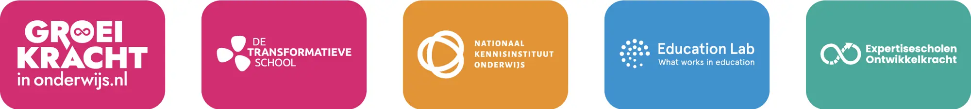 De logo's van Groeikracht, De Transformatieve School, het NKO, Education Lab en Expertisescholen naast elkaar weergegeven